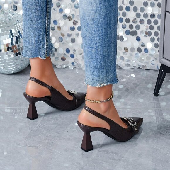 Burgundy Women Slingback Kitten Heels Pointed Toe Pumps Shoes with Buckle Strap - Picture 6 of 8